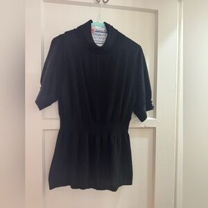 Black Short-Sleeve Knit Top with Mock Neck